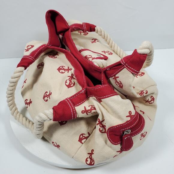 Vintage Sailor Canvas Bucket Bag Handbag Purse Red Tan 9x10x7 Inch - Picture 3 of 6